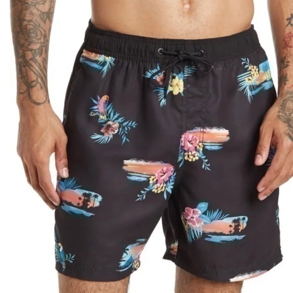 Burnside Parakeet Black and Blue Tropical Print Swim Trunks -Size XL